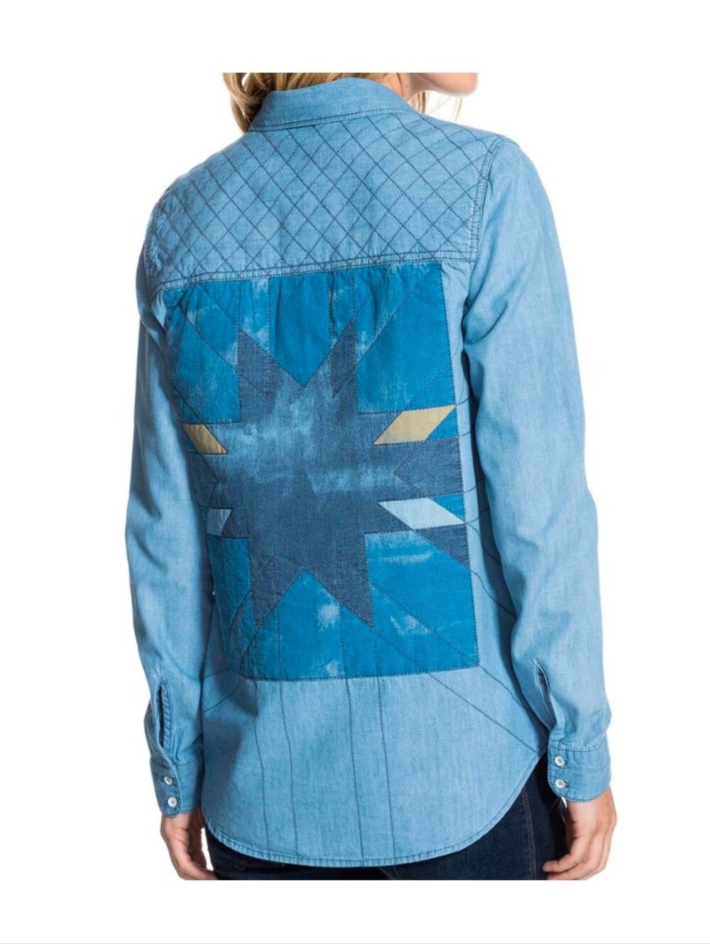 Roxy Wales Denim Button Up Boho Patchwork Shirt L